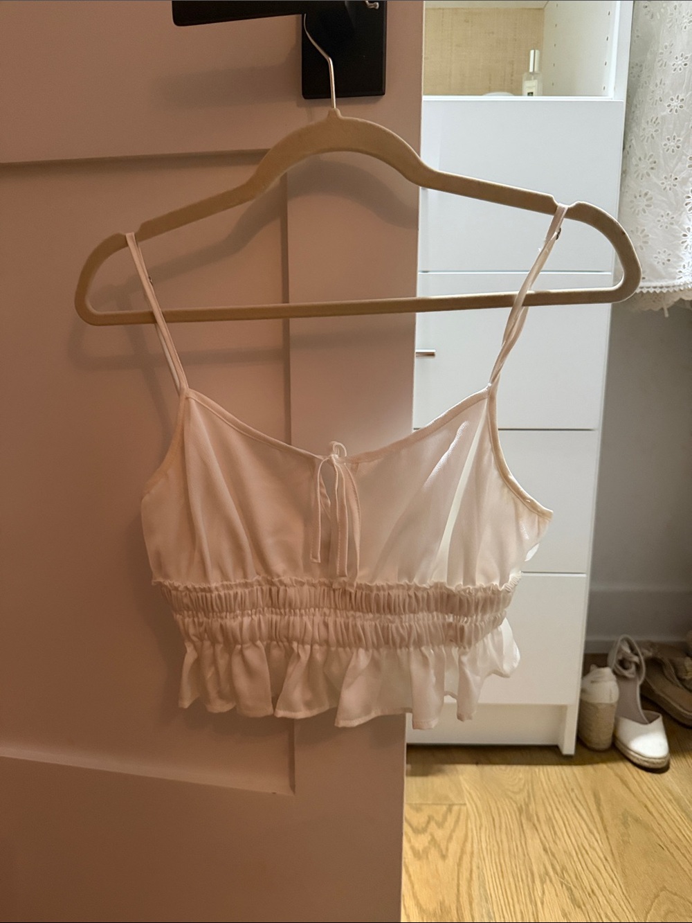 Cotton Candy Cream Ruffle Hem Tie-Front Camisole
